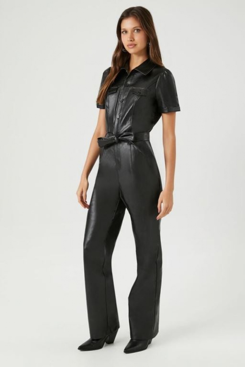 Jumpsuits Forever 21 Faux Cuero Tie Waist Jumpsuit Mujer Negras | jbyT7iqjREt