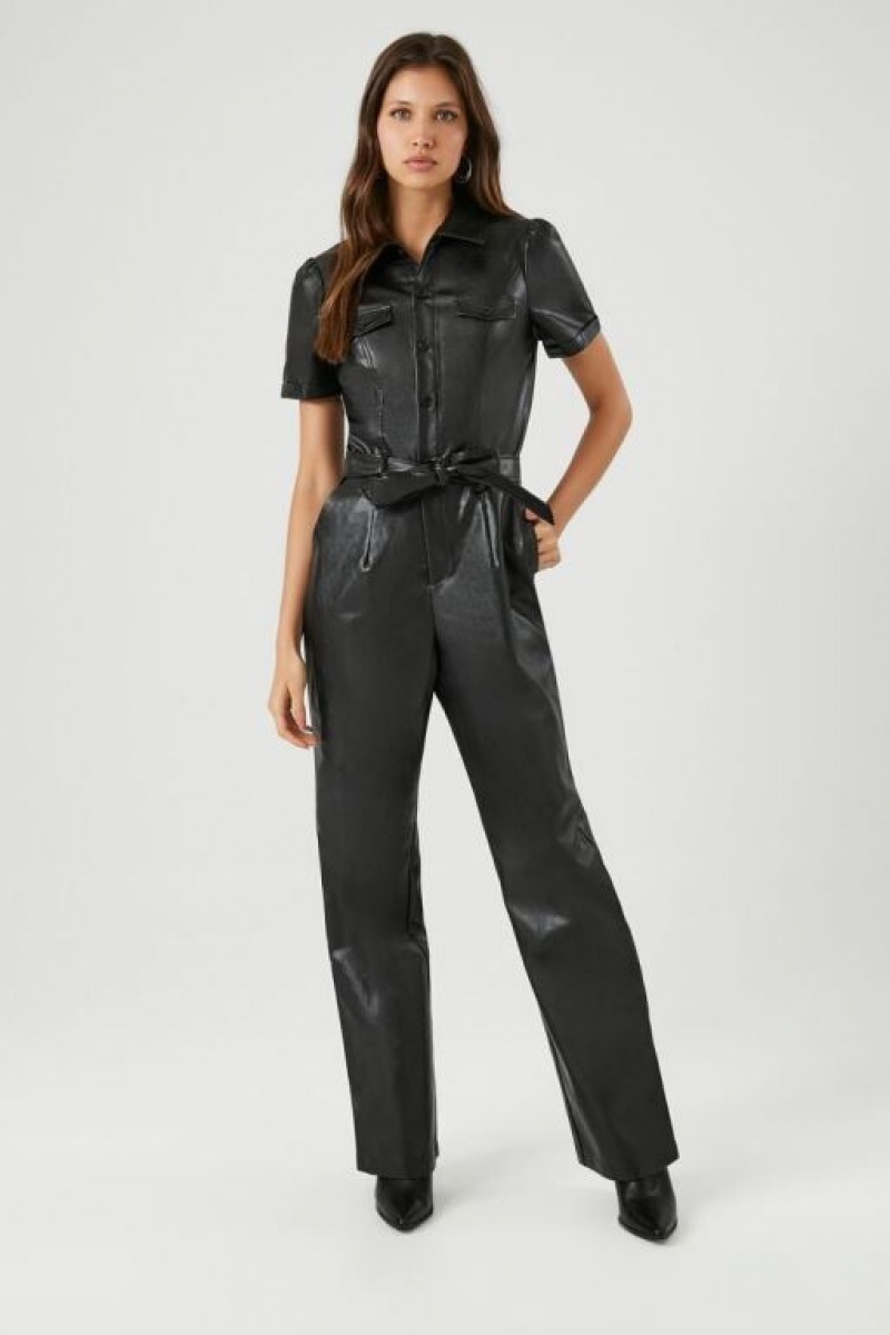 Jumpsuits Forever 21 Faux Cuero Tie Waist Jumpsuit Mujer Negras | jbyT7iqjREt