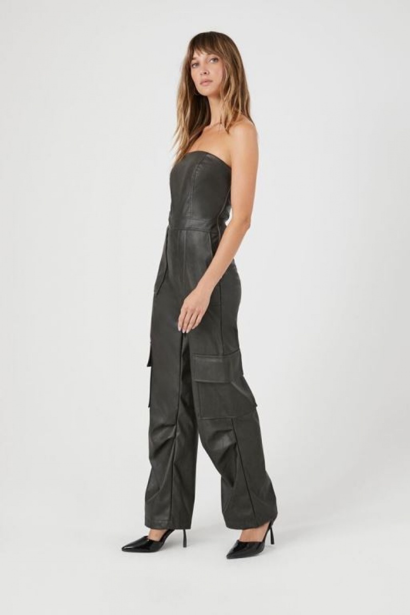 Jumpsuits Forever 21 Faux Cuero Tube Cargo Jumpsuit Mujer Gris | am1TmObOdXv