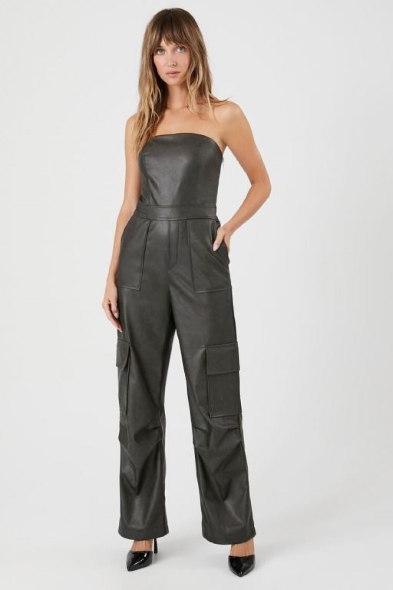 Jumpsuits Forever 21 Faux Cuero Tube Cargo Jumpsuit Mujer Gris | am1TmObOdXv