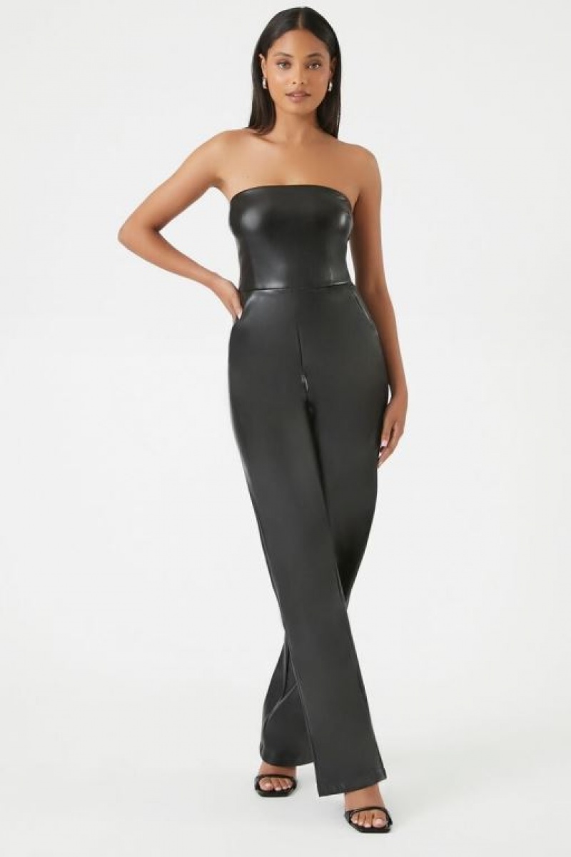 Jumpsuits Forever 21 Faux Cuero Tube Jumpsuit Mujer Negras | 3ftcVqfzQDm