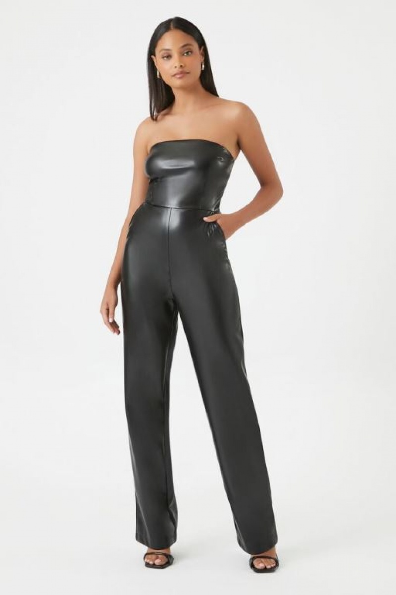 Jumpsuits Forever 21 Faux Cuero Tube Jumpsuit Mujer Negras | 3ftcVqfzQDm