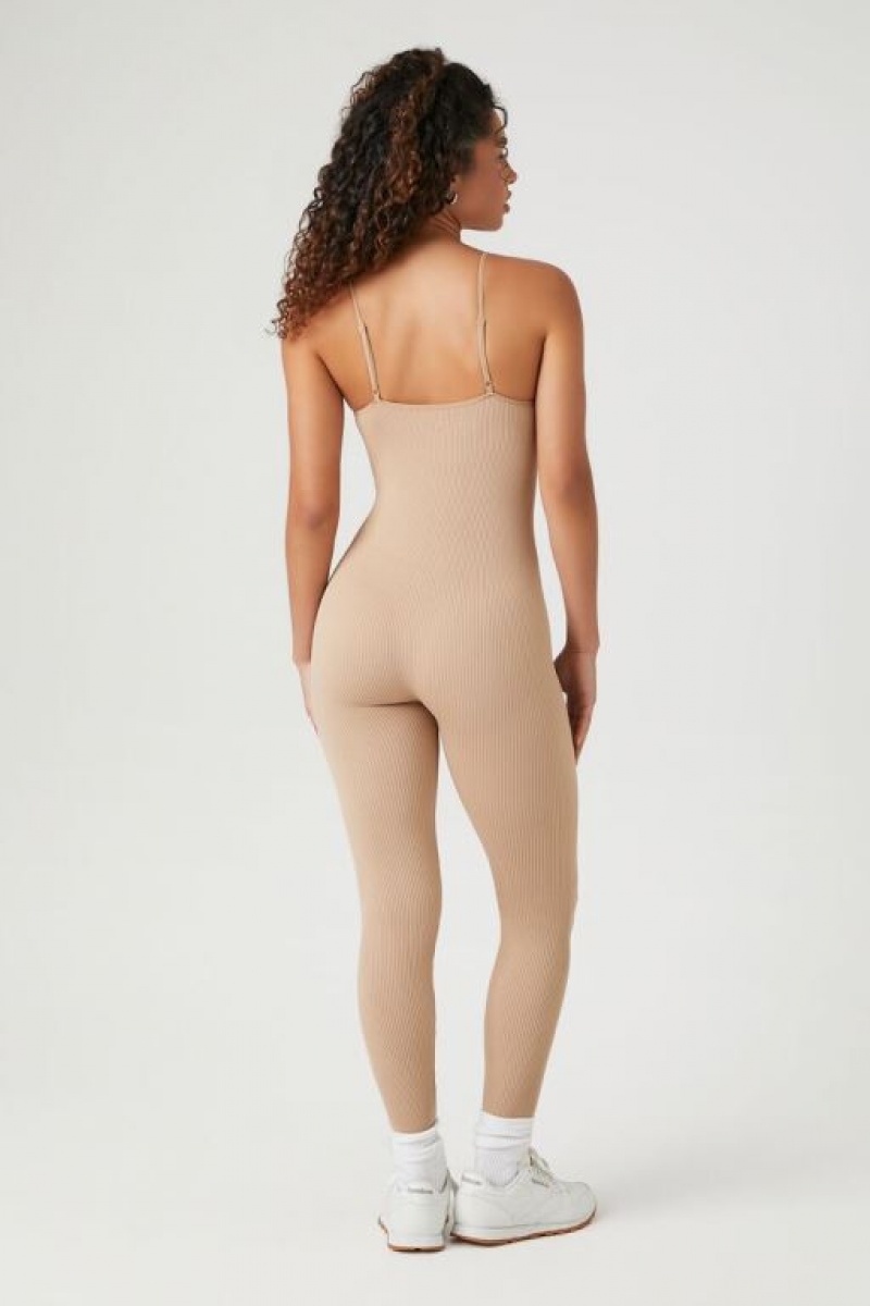 Jumpsuits Forever 21 Fitted Acanalado Knit Cami Jumpsuit Mujer Beige | MN6SdwTM6WQ