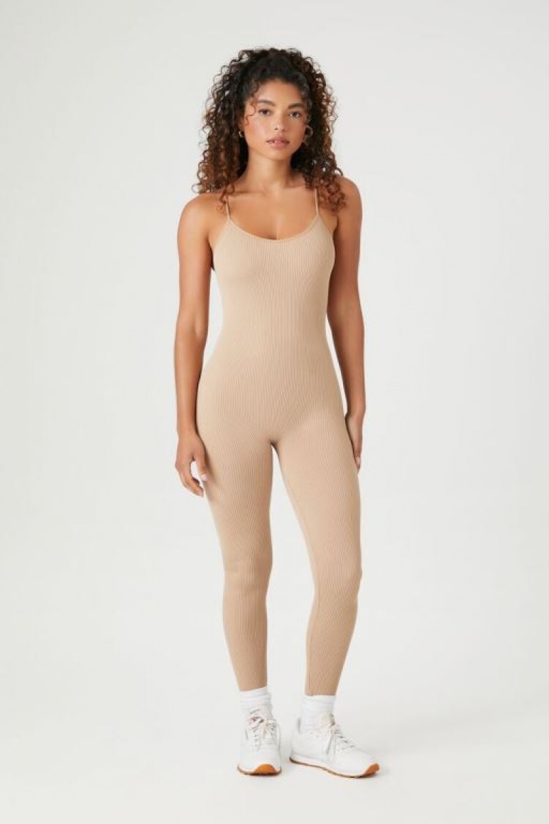 Jumpsuits Forever 21 Fitted Acanalado Knit Cami Jumpsuit Mujer Beige | MN6SdwTM6WQ