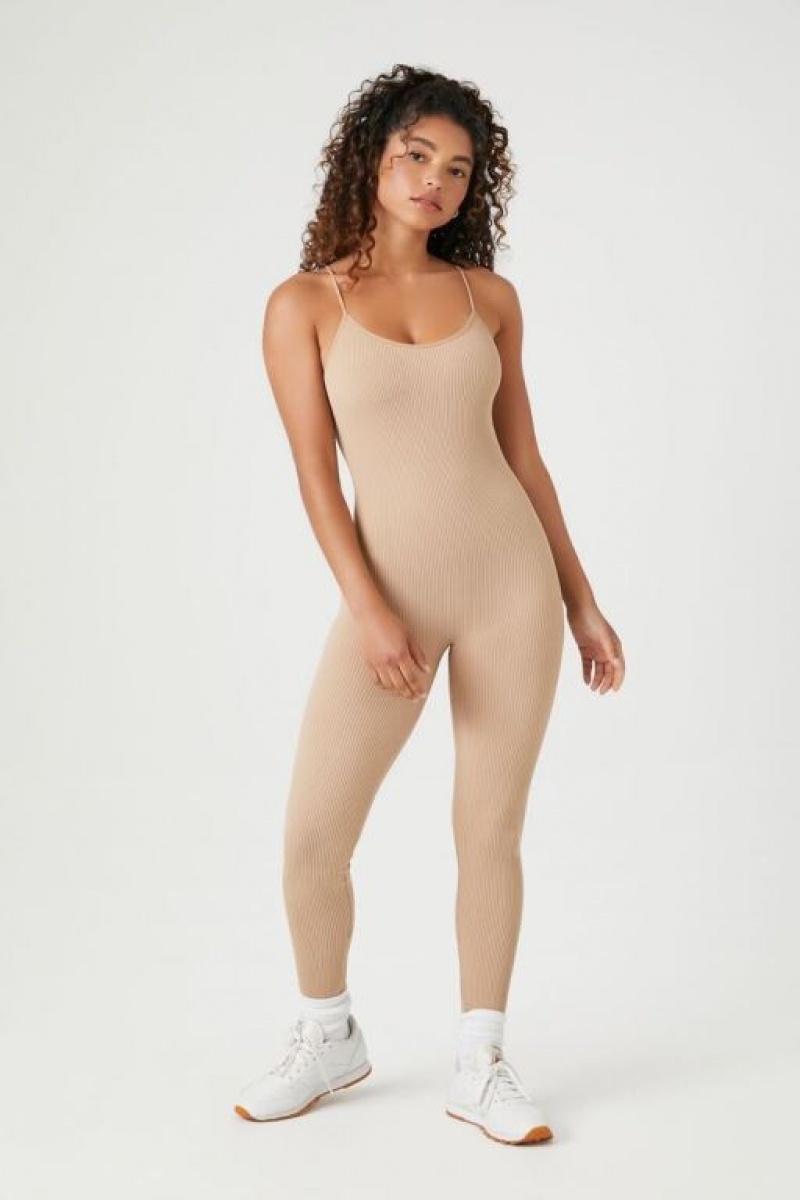 Jumpsuits Forever 21 Fitted Acanalado Knit Cami Jumpsuit Mujer Beige | MN6SdwTM6WQ