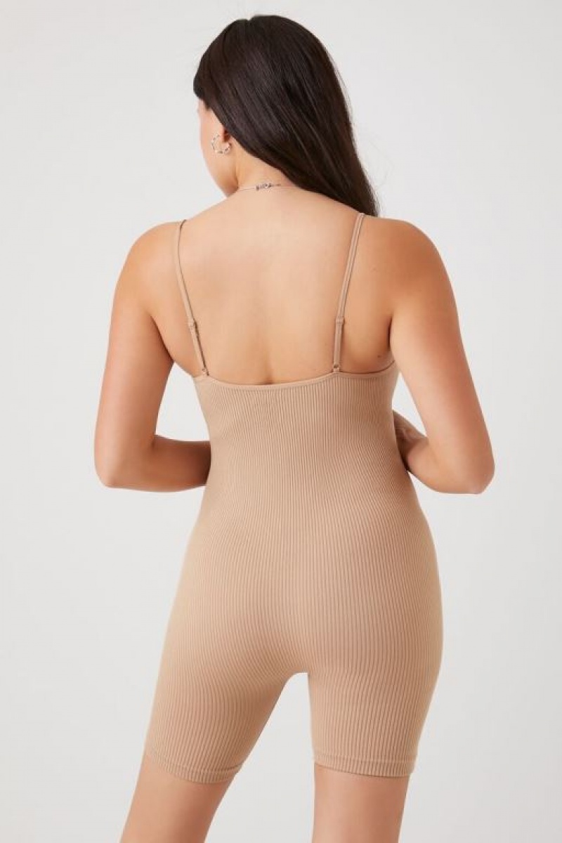 Jumpsuits Forever 21 Fitted Rib Knit Cami Romper Mujer Beige | vUQZ8KED6y6