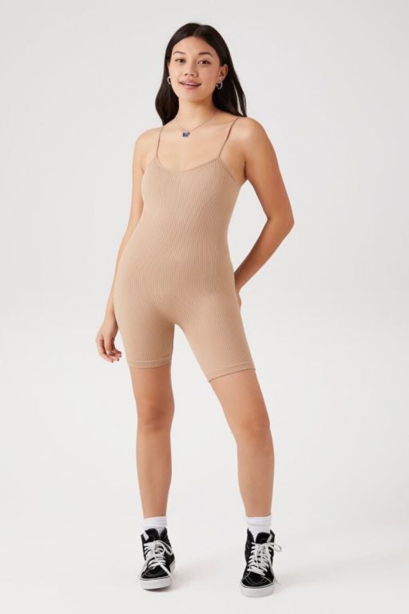 Jumpsuits Forever 21 Fitted Rib Knit Cami Romper Mujer Beige | vUQZ8KED6y6