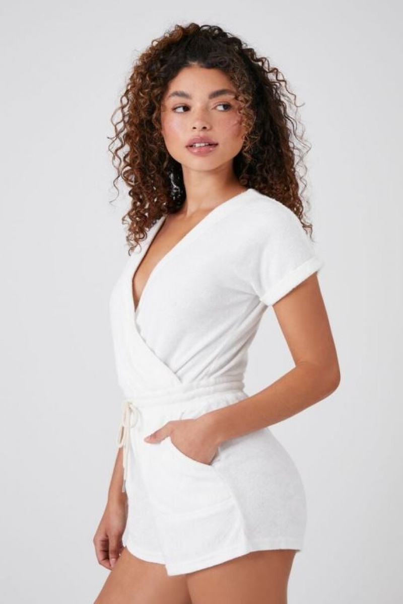 Jumpsuits Forever 21 French Terry Surplice Romper Mujer Blancas | DTOghwmEXuI