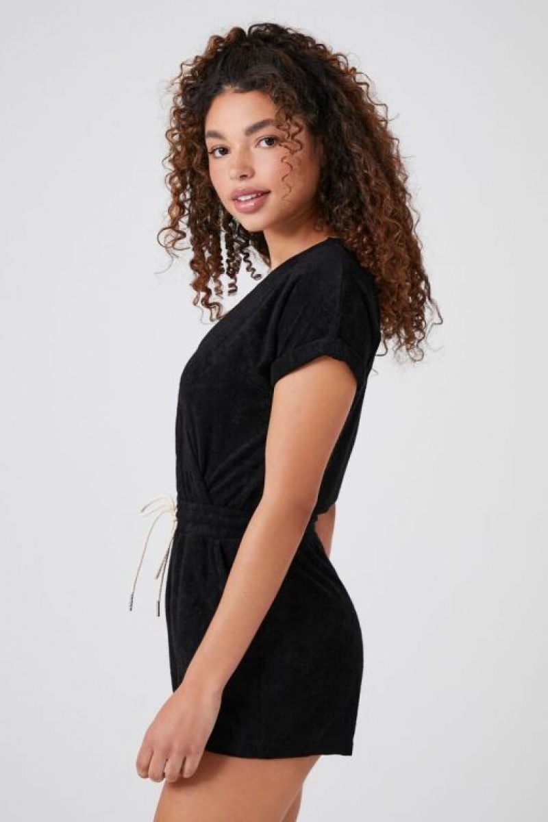 Jumpsuits Forever 21 French Terry Surplice Romper Mujer Negras | mgWjcDrYouy