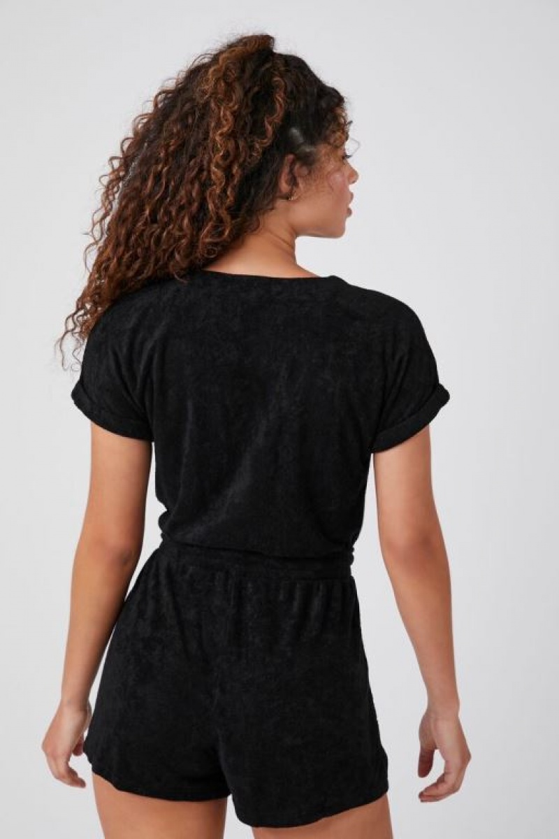 Jumpsuits Forever 21 French Terry Surplice Romper Mujer Negras | mgWjcDrYouy