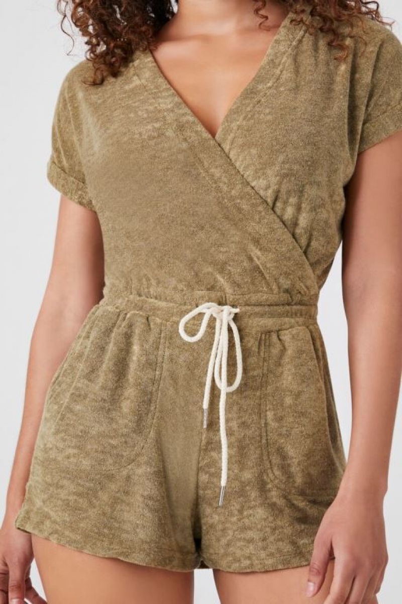 Jumpsuits Forever 21 French Terry Surplice Romper Mujer Verde Oliva | kb3KEPqISqq