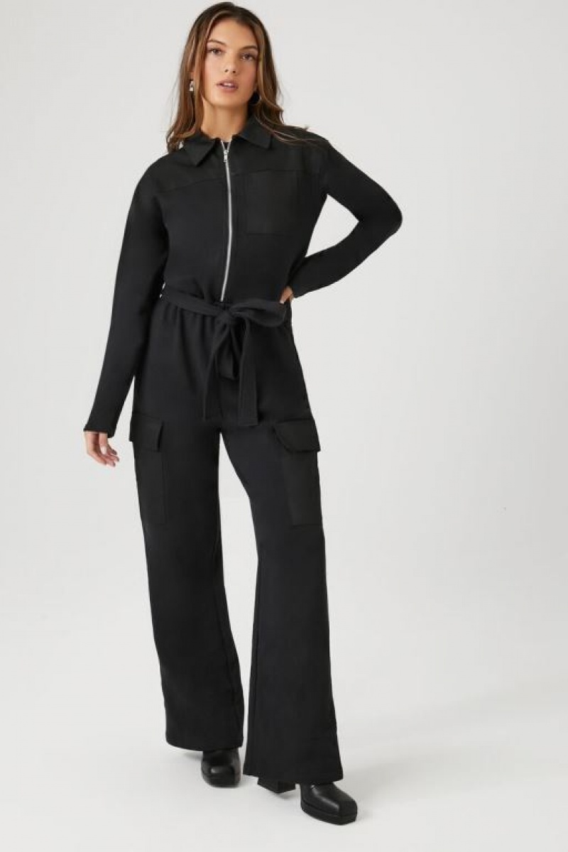 Jumpsuits Forever 21 French Terry Zip Up Jumpsuit Mujer Negras | Sxyo0sS2lqh