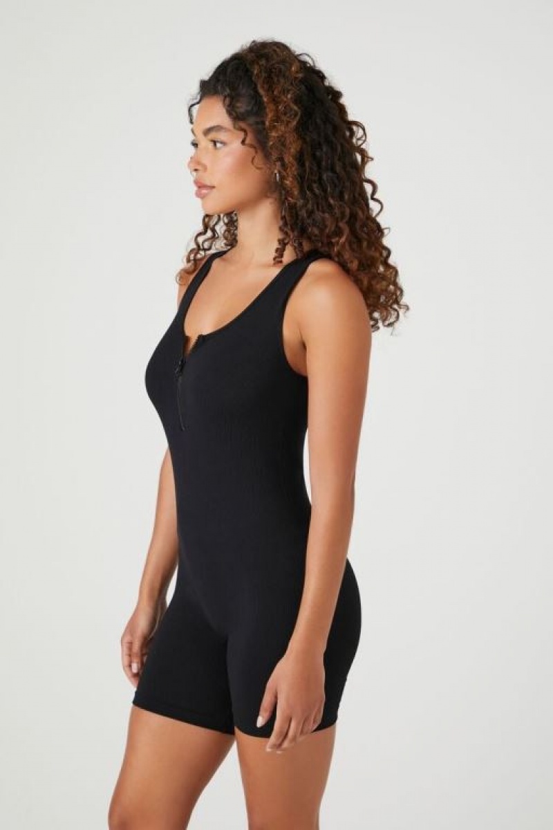 Jumpsuits Forever 21 Half Zip Sleeveless Romper Mujer Negras | FQCyUhmest8