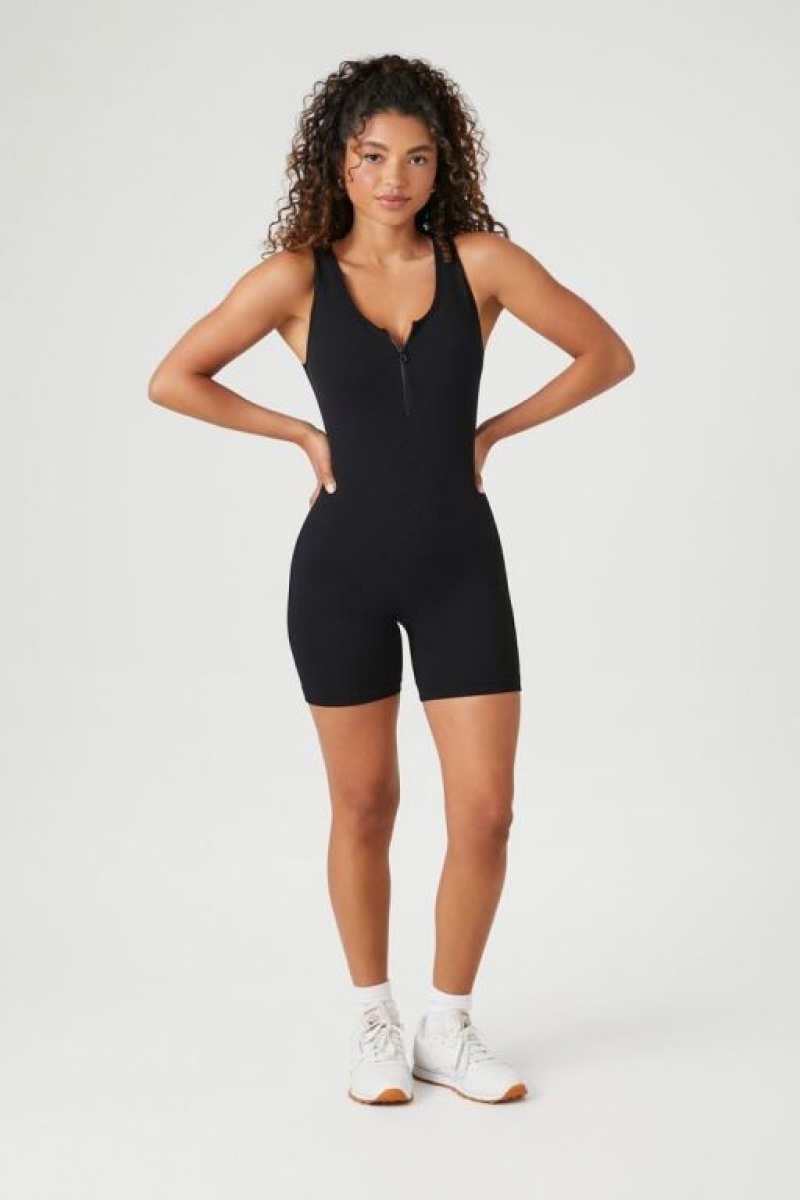 Jumpsuits Forever 21 Half Zip Sleeveless Romper Mujer Negras | FQCyUhmest8