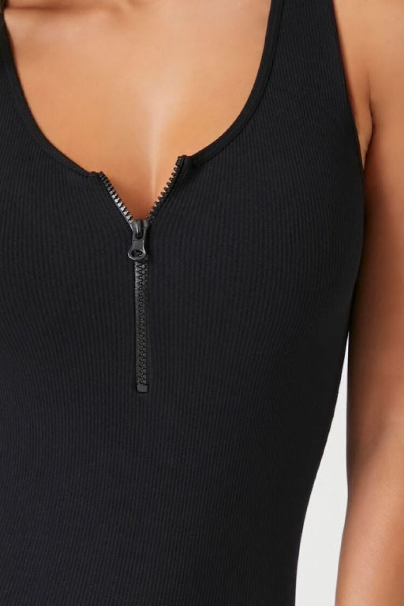 Jumpsuits Forever 21 Half Zip Sleeveless Romper Mujer Negras | FQCyUhmest8