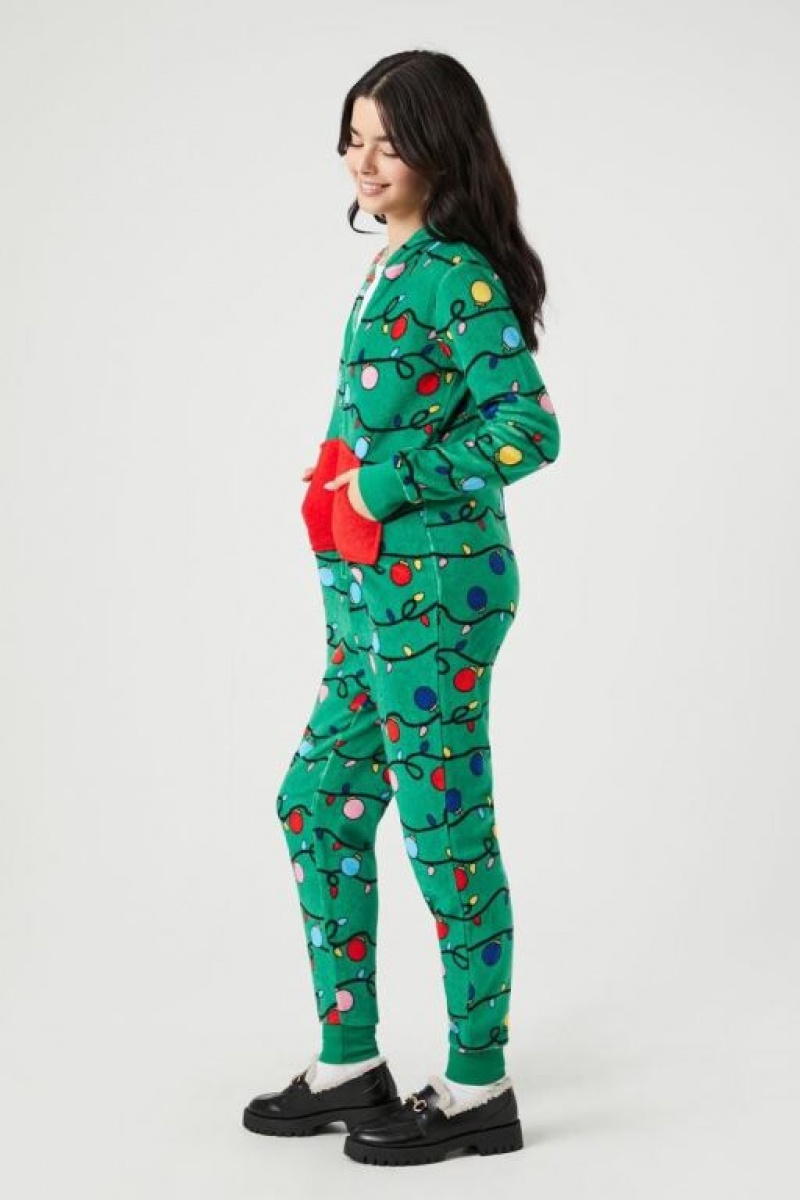 Jumpsuits Forever 21 Hooded Christmas Tree Jumpsuit Mujer Verde Multicolor | SsUYlSSuugX