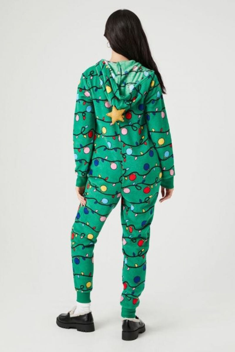 Jumpsuits Forever 21 Hooded Christmas Tree Jumpsuit Mujer Verde Multicolor | SsUYlSSuugX