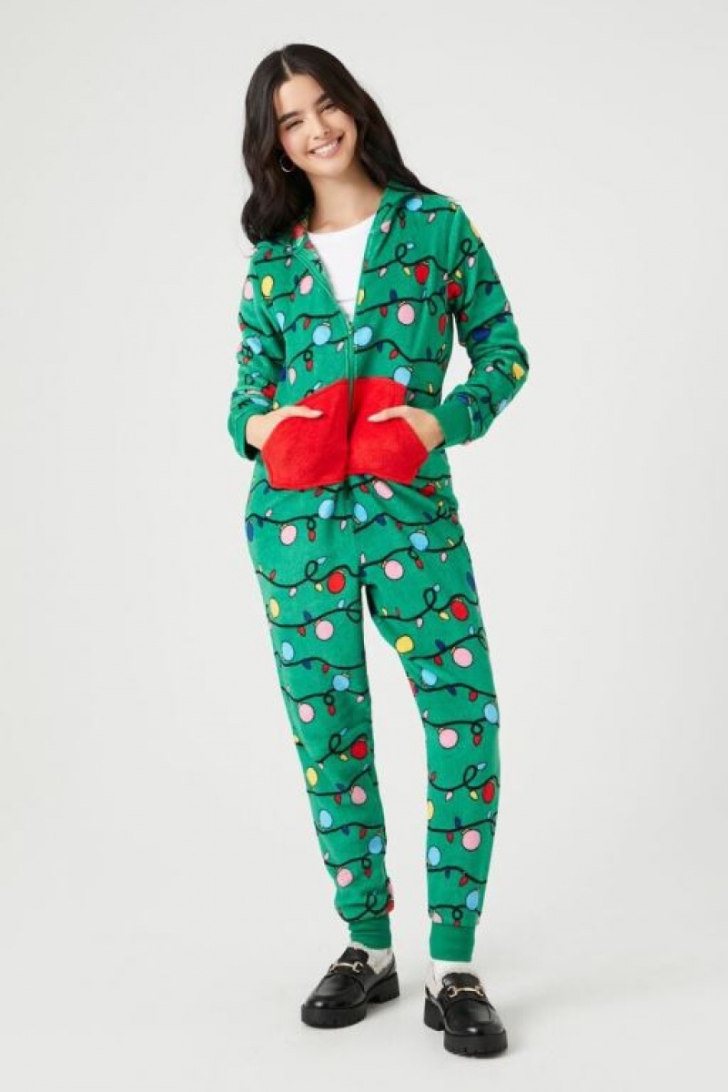 Jumpsuits Forever 21 Hooded Christmas Tree Jumpsuit Mujer Verde Multicolor | SsUYlSSuugX