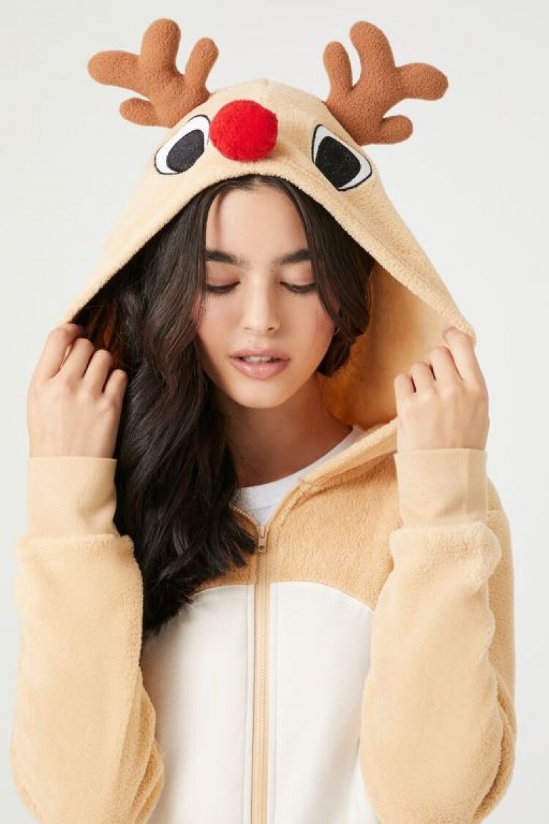 Jumpsuits Forever 21 Hooded Reindeer Print Jumpsuit Mujer Marrones Multicolor | ffqySHvpYO0