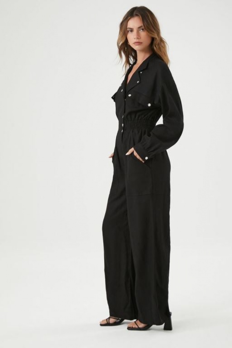 Jumpsuits Forever 21 Linen Blend Notched Jumpsuit Mujer Negras | v3rnVTHpTaC