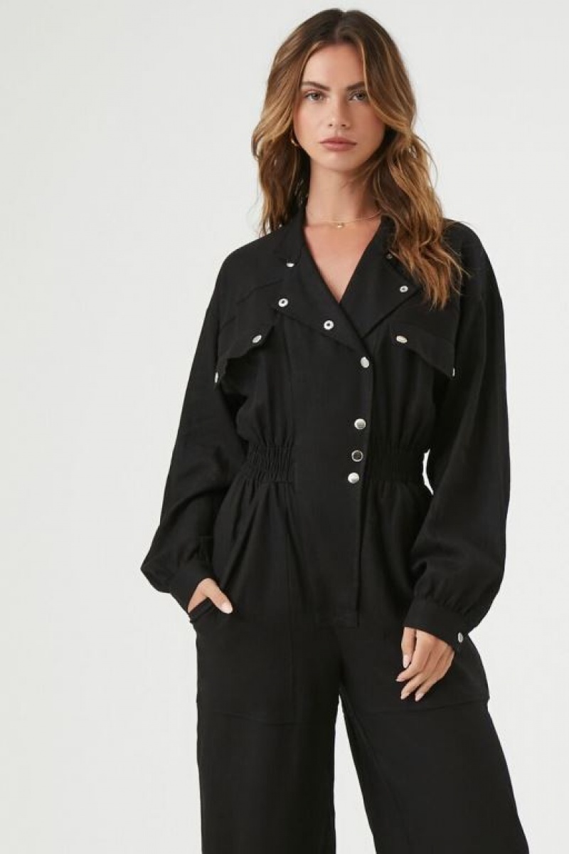 Jumpsuits Forever 21 Linen Blend Notched Jumpsuit Mujer Negras | v3rnVTHpTaC