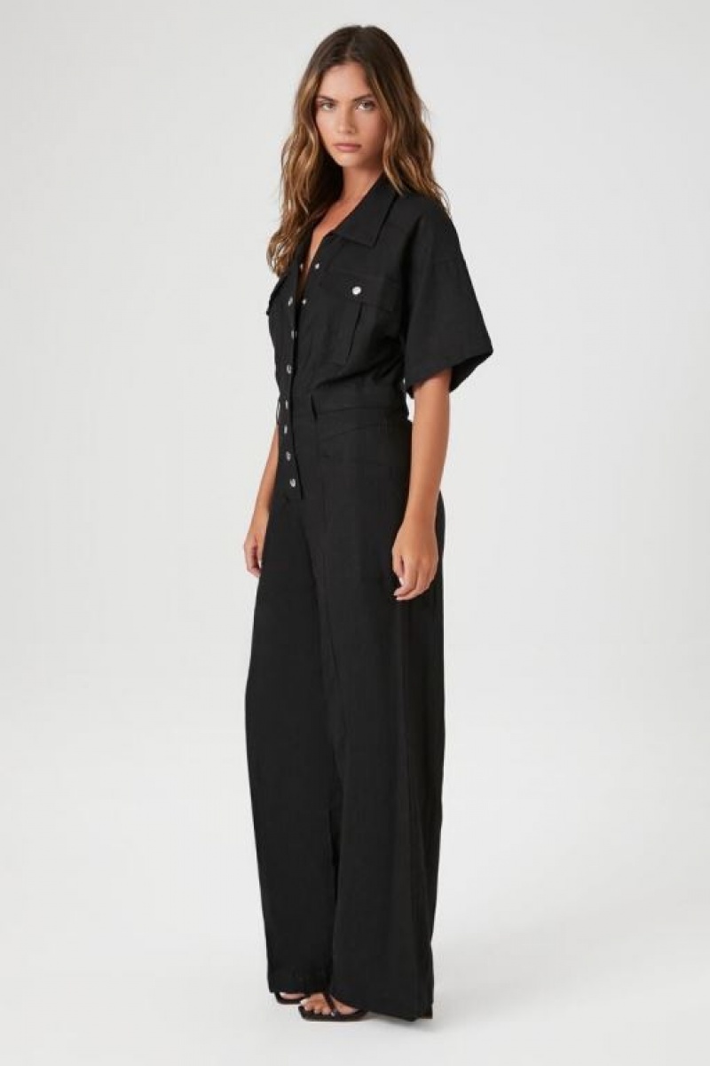 Jumpsuits Forever 21 Linen Snap Button Jumpsuit Mujer Negras | Z7M9xP83Fyv