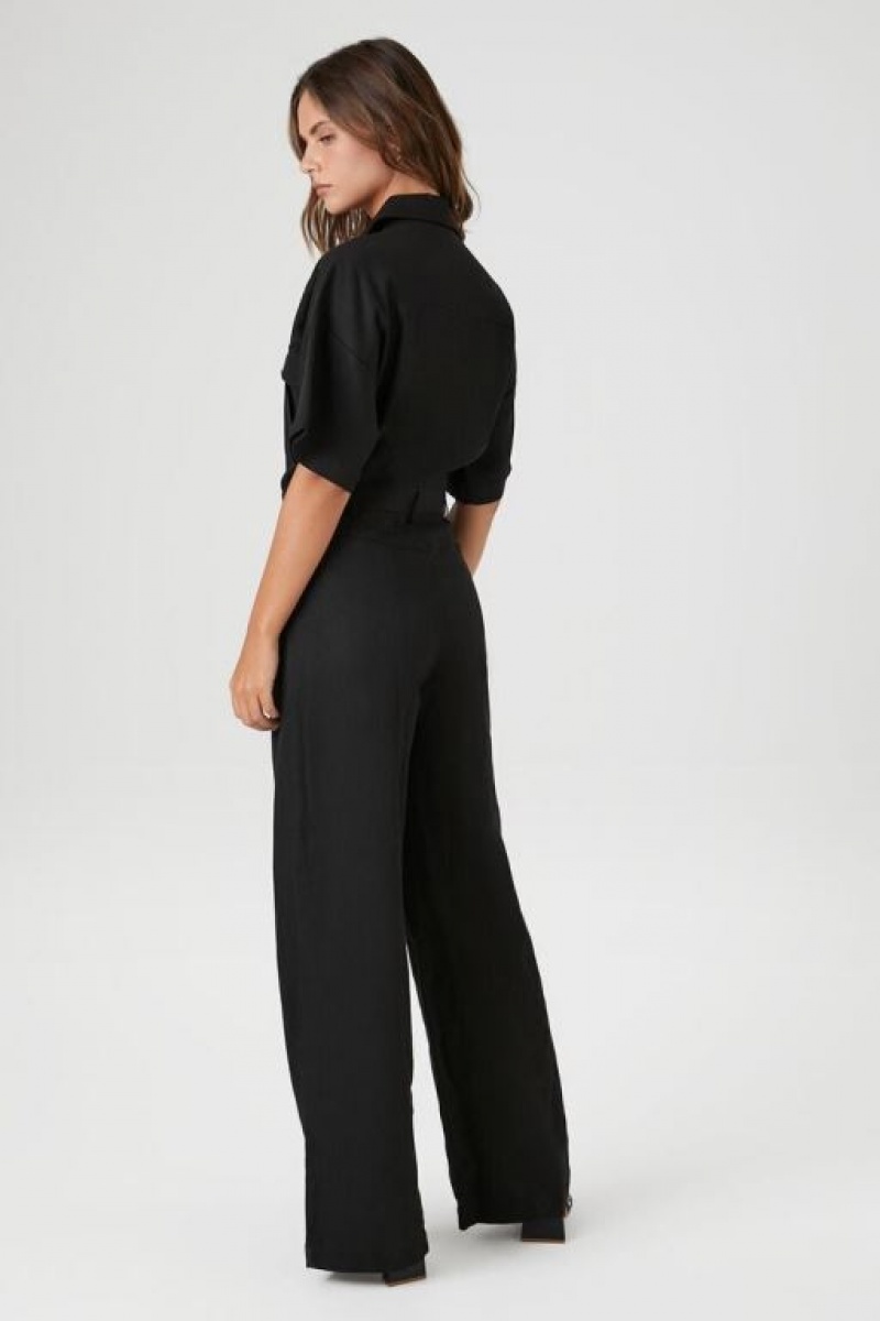 Jumpsuits Forever 21 Linen Snap Button Jumpsuit Mujer Negras | Z7M9xP83Fyv