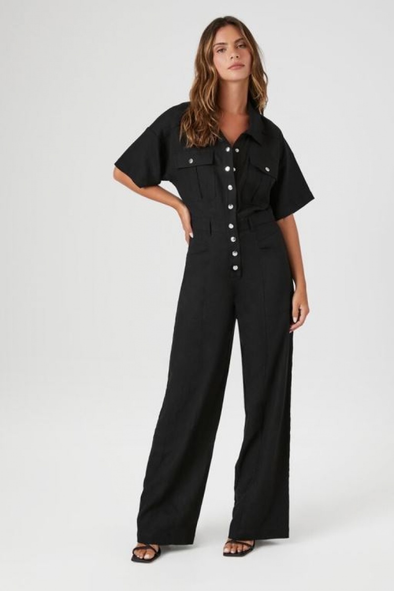 Jumpsuits Forever 21 Linen Snap Button Jumpsuit Mujer Negras | Z7M9xP83Fyv