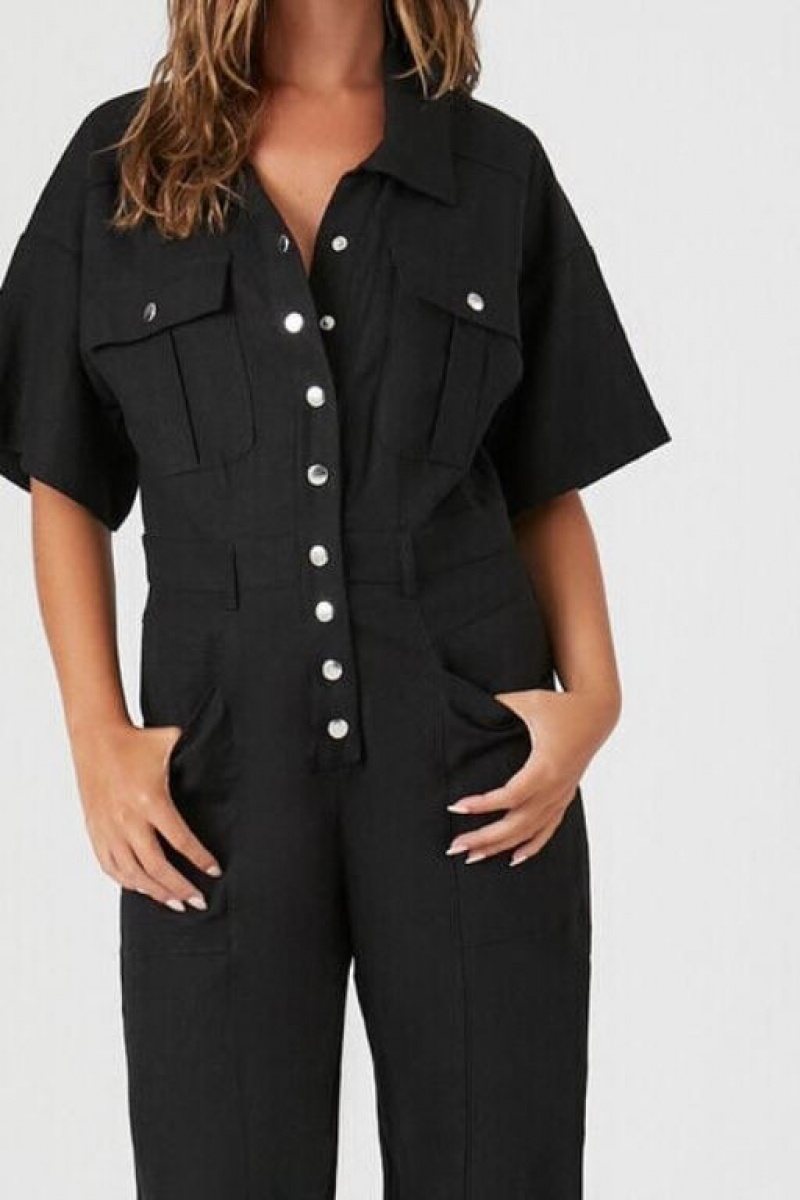 Jumpsuits Forever 21 Linen Snap Button Jumpsuit Mujer Negras | Z7M9xP83Fyv