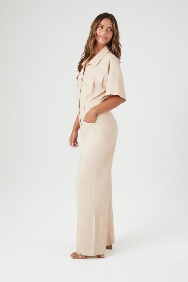 Jumpsuits Forever 21 Linen Snap Button Jumpsuit Mujer Beige | YP2o9ELfHkx