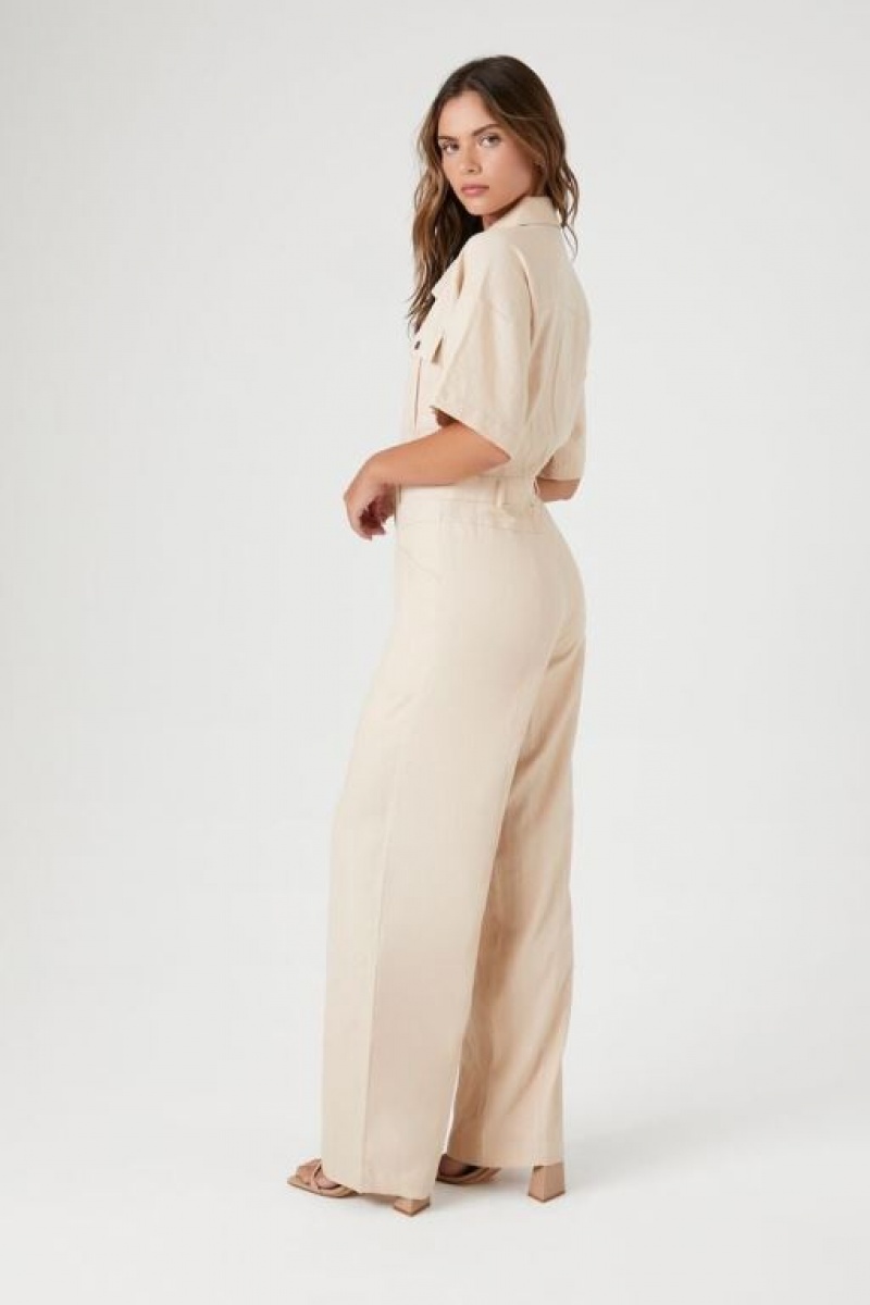 Jumpsuits Forever 21 Linen Snap Button Jumpsuit Mujer Beige | YP2o9ELfHkx