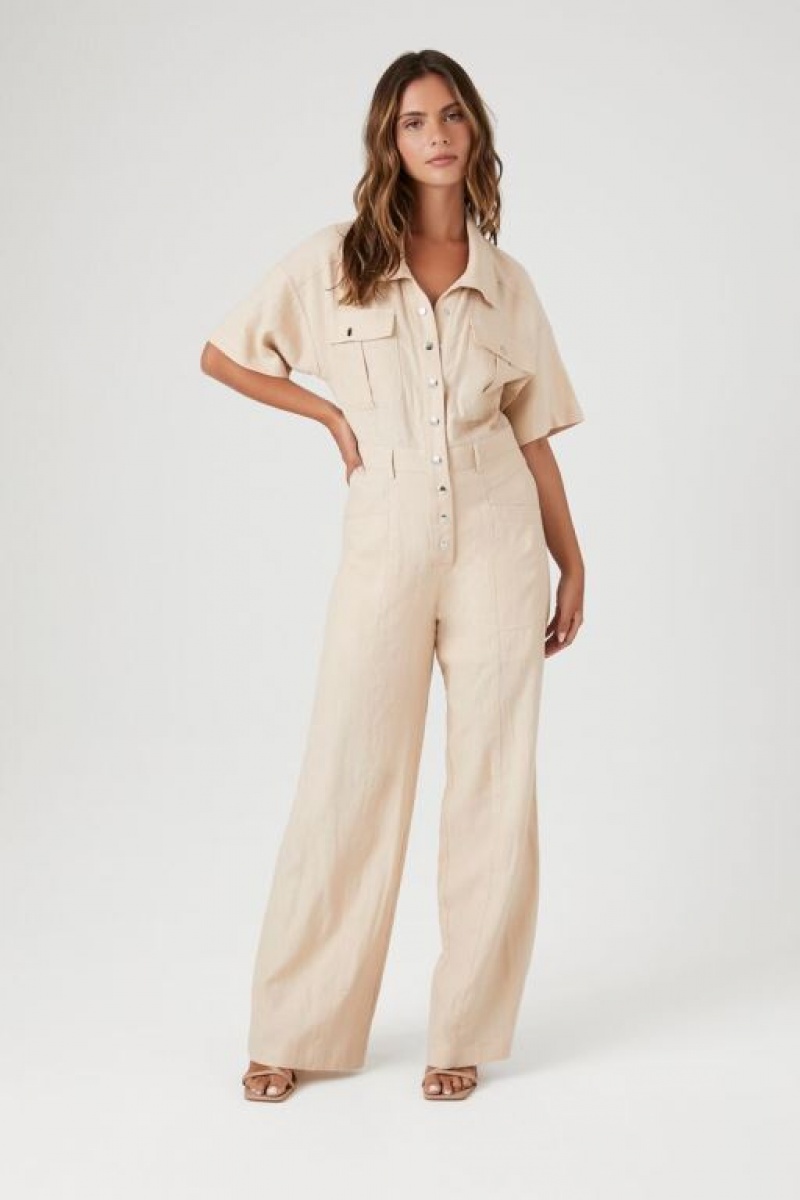 Jumpsuits Forever 21 Linen Snap Button Jumpsuit Mujer Beige | YP2o9ELfHkx