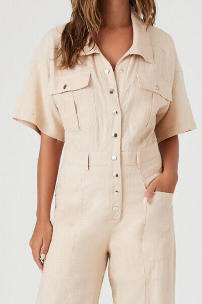 Jumpsuits Forever 21 Linen Snap Button Jumpsuit Mujer Beige | YP2o9ELfHkx