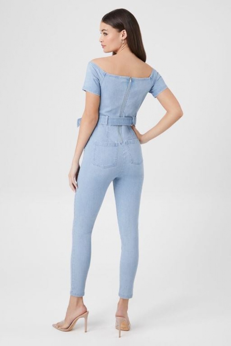 Jumpsuits Forever 21 Off The Shoulder Denim Jumpsuit Mujer Azules Claro | UP8nhuuh1NC