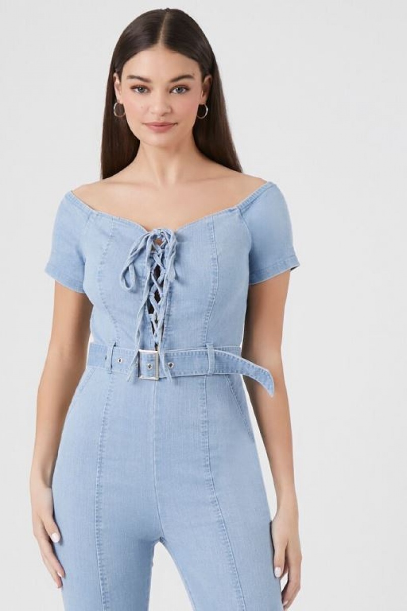 Jumpsuits Forever 21 Off The Shoulder Denim Jumpsuit Mujer Azules Claro | UP8nhuuh1NC