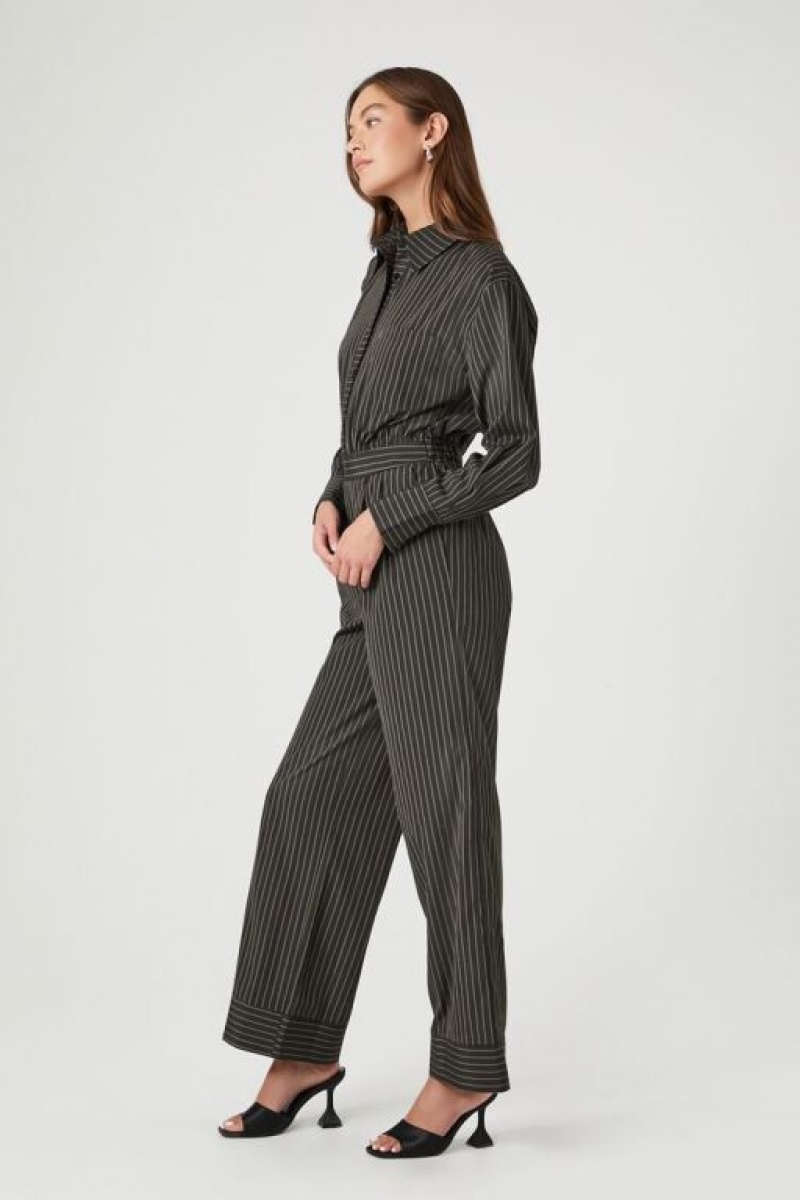 Jumpsuits Forever 21 Pinstriped Directo Leg Jumpsuit Mujer Negras Multicolor | IBkFoaZQRyL