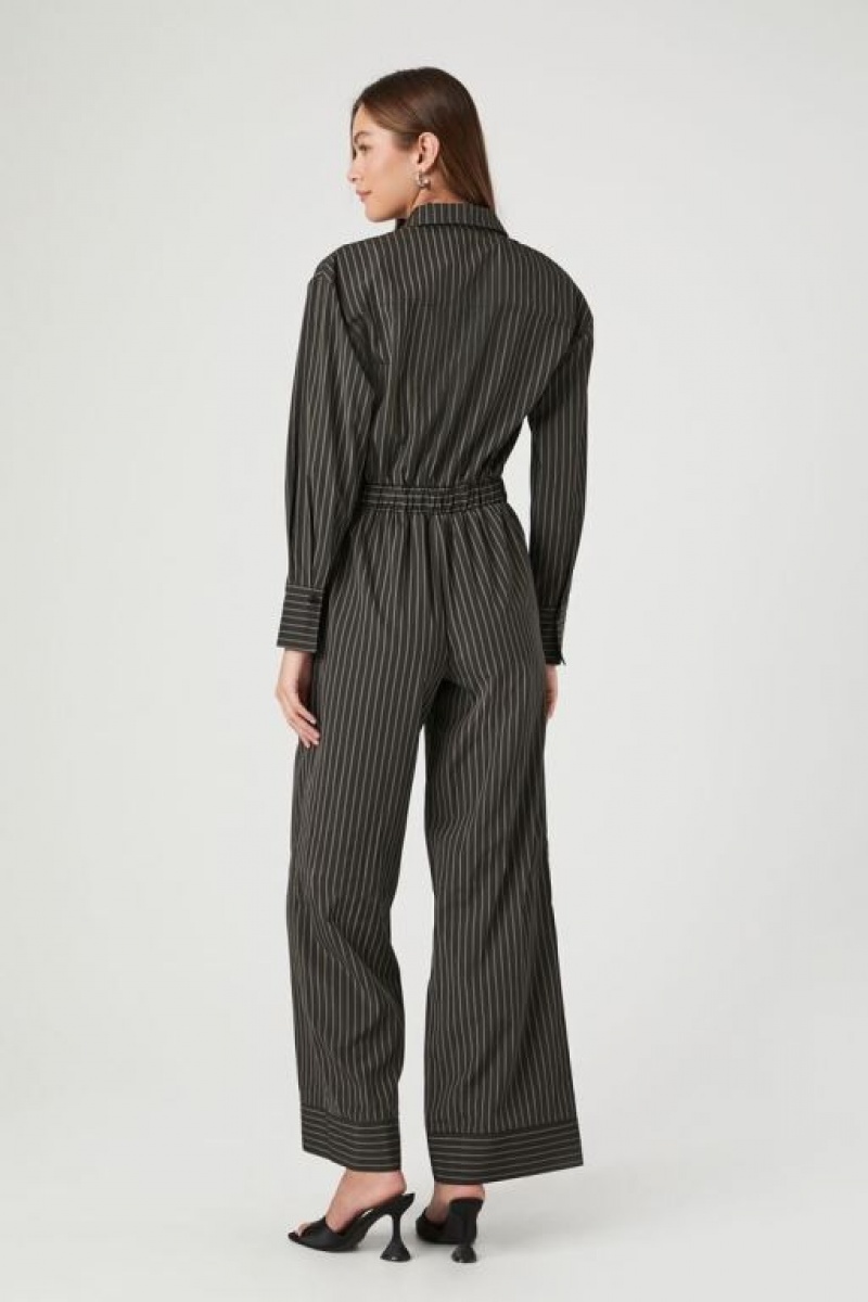 Jumpsuits Forever 21 Pinstriped Directo Leg Jumpsuit Mujer Negras Multicolor | IBkFoaZQRyL