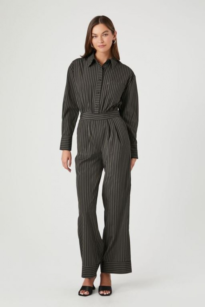 Jumpsuits Forever 21 Pinstriped Directo Leg Jumpsuit Mujer Negras Multicolor | IBkFoaZQRyL