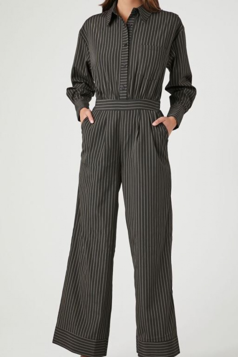 Jumpsuits Forever 21 Pinstriped Directo Leg Jumpsuit Mujer Negras Multicolor | IBkFoaZQRyL