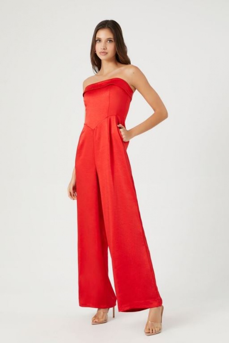 Jumpsuits Forever 21 Satin Foldover Strapless Jumpsuit Mujer Rojas | HInJqSpHVCL