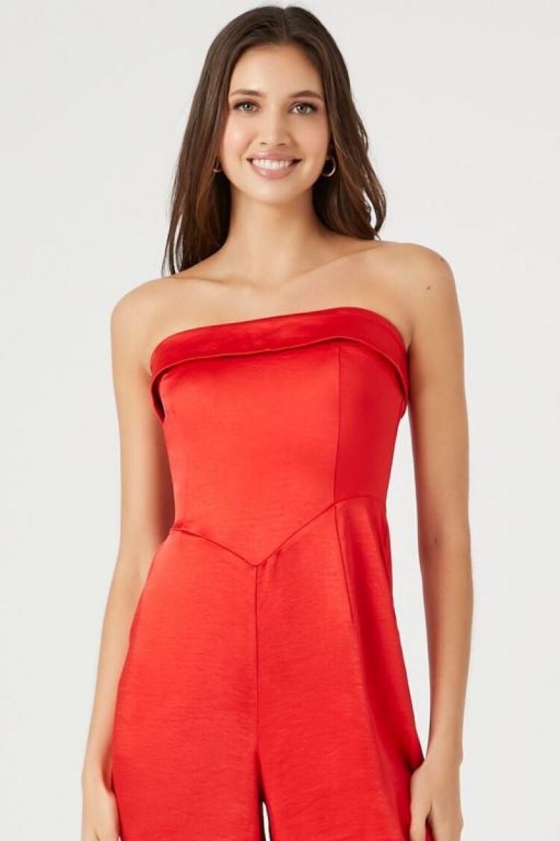 Jumpsuits Forever 21 Satin Foldover Strapless Jumpsuit Mujer Rojas | HInJqSpHVCL