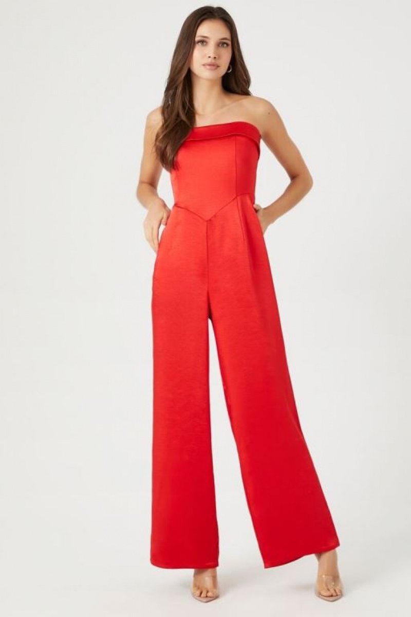 Jumpsuits Forever 21 Satin Foldover Strapless Jumpsuit Mujer Rojas | HInJqSpHVCL