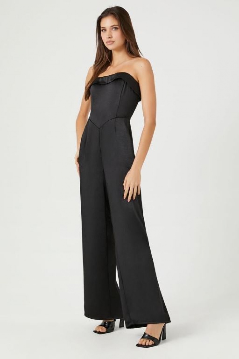 Jumpsuits Forever 21 Satin Foldover Strapless Jumpsuit Mujer Negras | IJ0rTL6PoH2