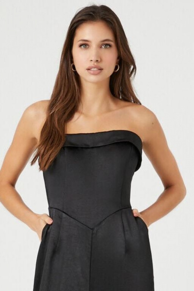 Jumpsuits Forever 21 Satin Foldover Strapless Jumpsuit Mujer Negras | IJ0rTL6PoH2