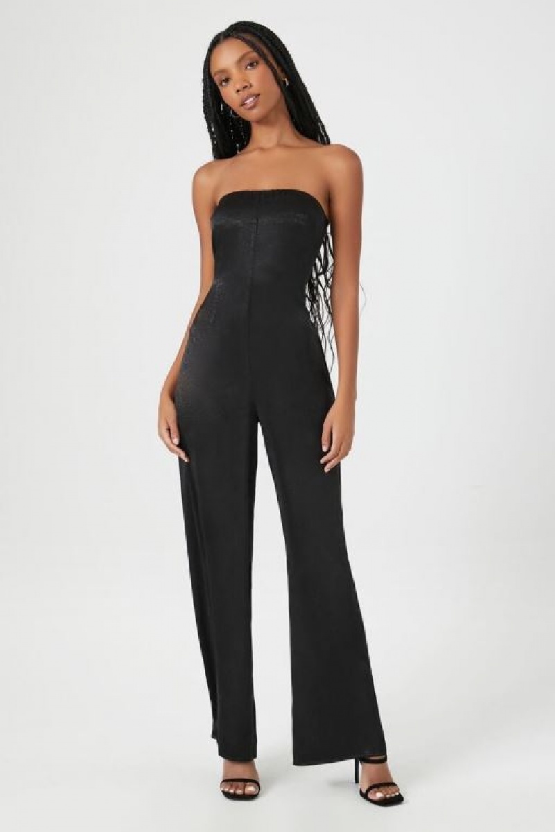 Jumpsuits Forever 21 Satin Strapless Wide Leg Jumpsuit Mujer Negras | QsatJeKj49K