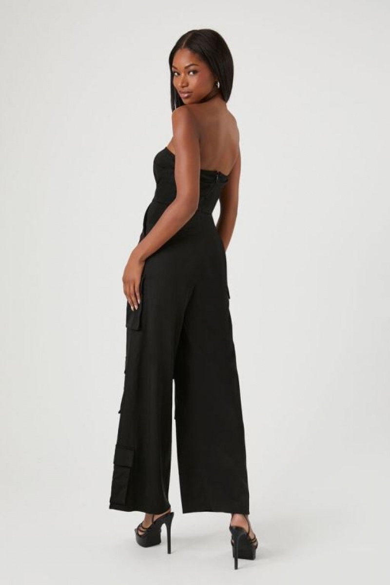 Jumpsuits Forever 21 Satin Tube Wide Leg Cargo Jumpsuit Mujer Negras | i1L5SRJkfEN