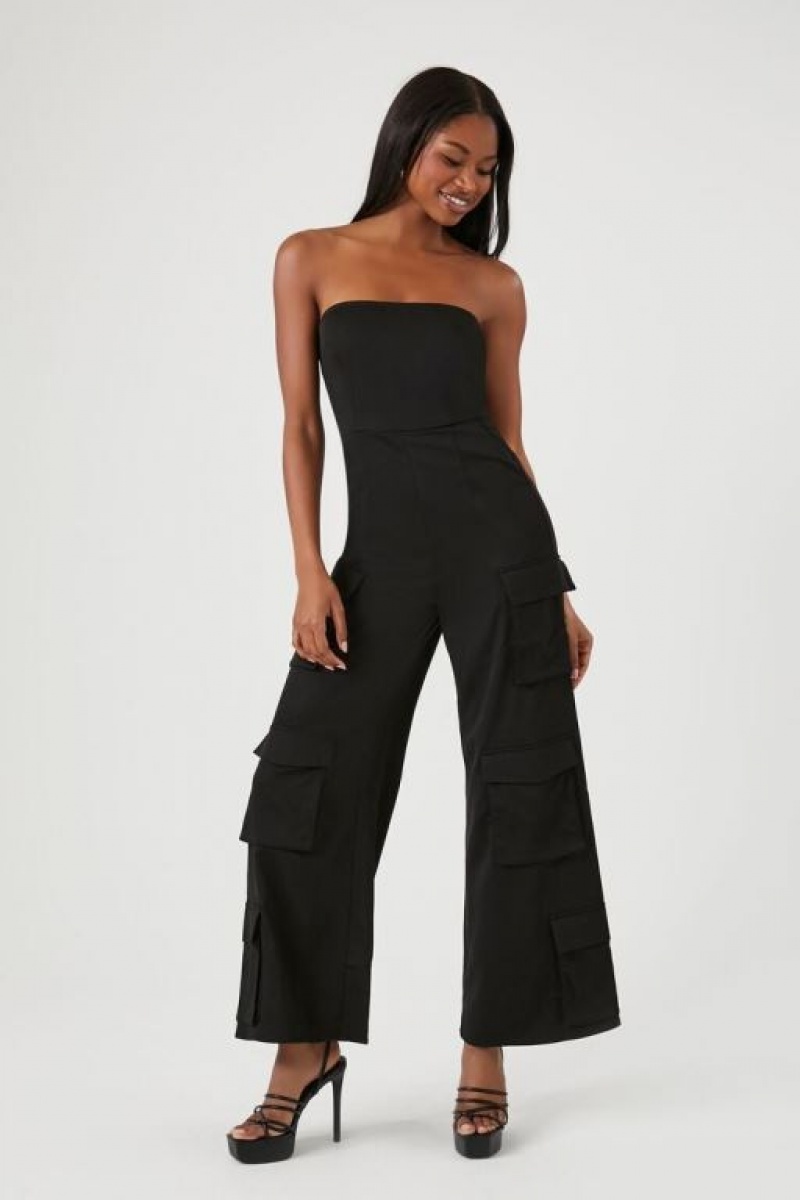 Jumpsuits Forever 21 Satin Tube Wide Leg Cargo Jumpsuit Mujer Negras | i1L5SRJkfEN