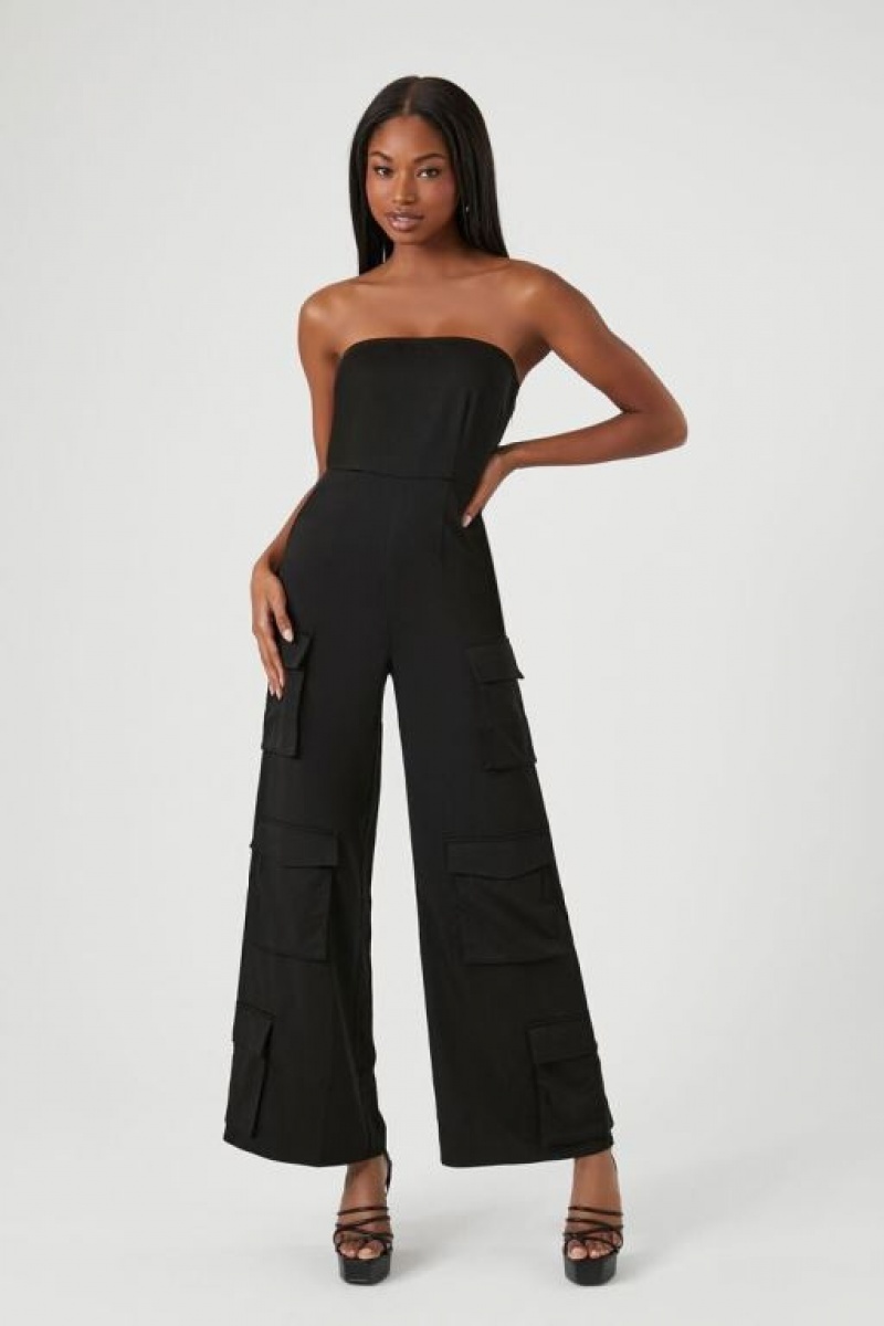 Jumpsuits Forever 21 Satin Tube Wide Leg Cargo Jumpsuit Mujer Negras | i1L5SRJkfEN