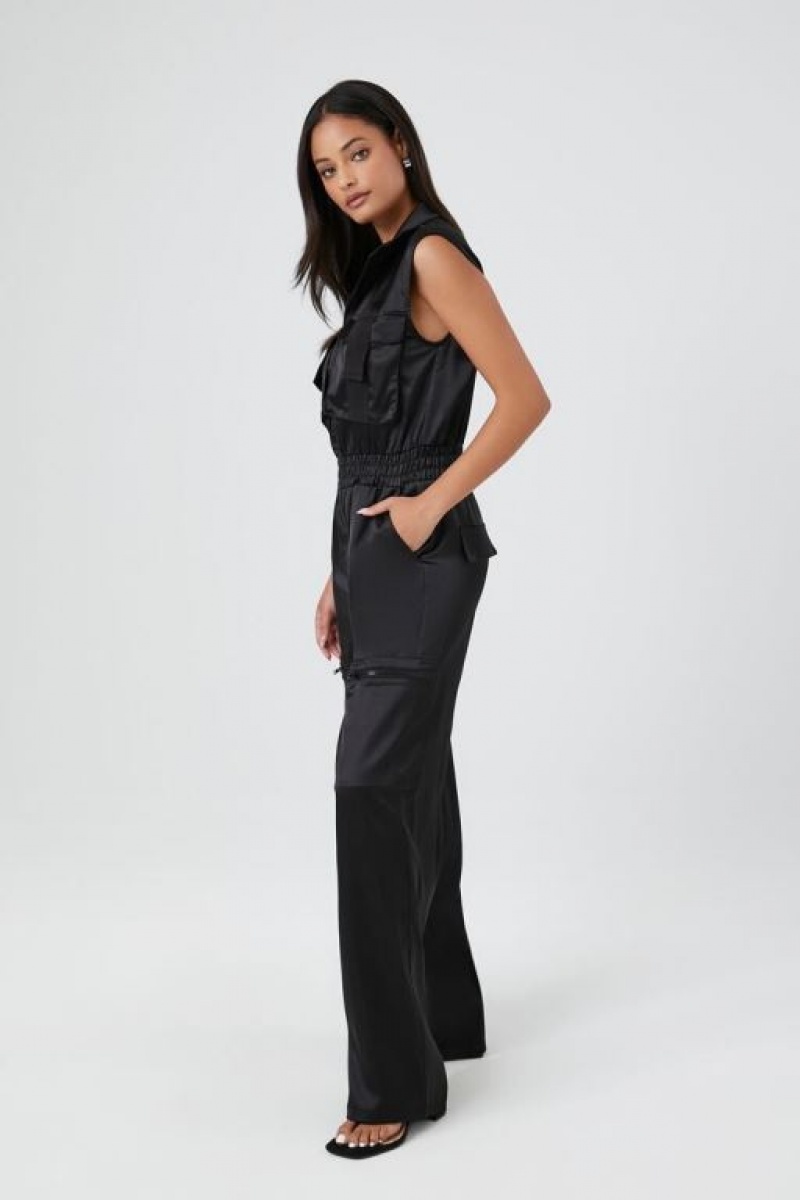 Jumpsuits Forever 21 Satin Zip Up Utility Jumpsuit Mujer Negras | M2oN0ip3Bd7