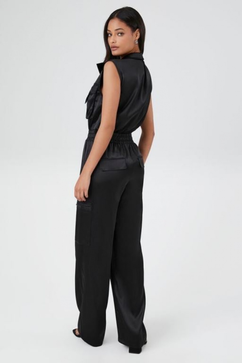 Jumpsuits Forever 21 Satin Zip Up Utility Jumpsuit Mujer Negras | M2oN0ip3Bd7